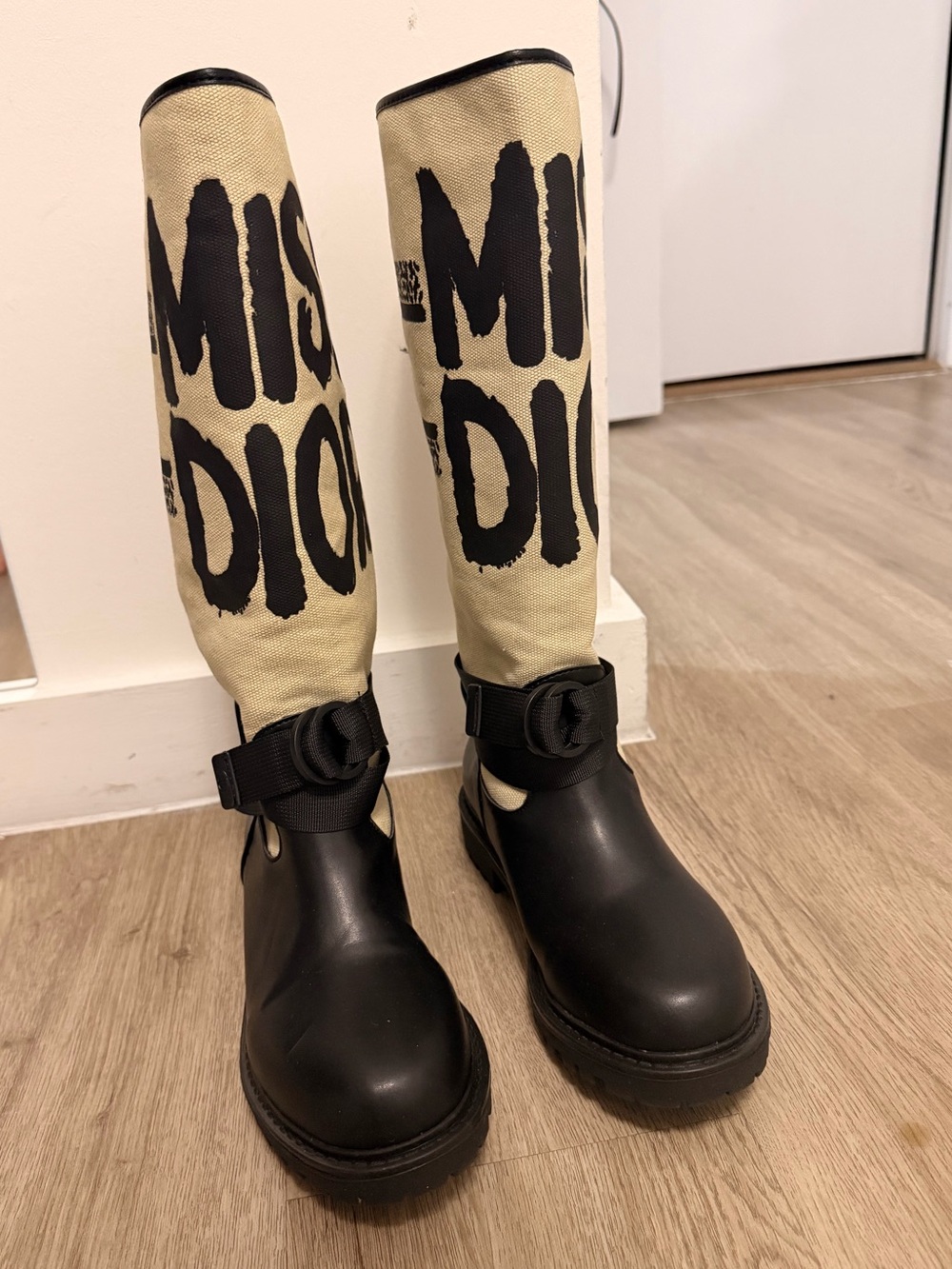 Dior Black Leather & Beige Canvas Knee Boots with 'Miss Dior' Print - Picture 3 of 9